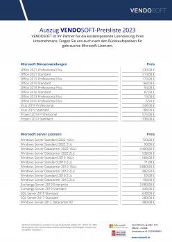 VENDOSOFT Preisliste Auszug gebrauchte Software